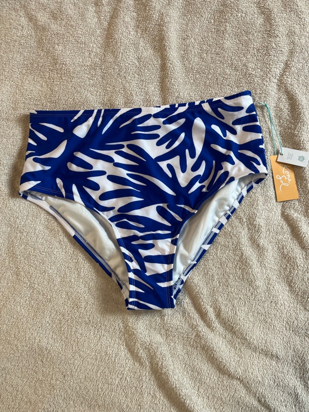 Kona Sol Women’s High Waist Bikini Bottoms X 2X NWT Coral Print Blue White